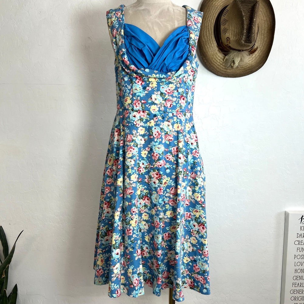 Lindy Bop Ophelia Blue Floral Swing Dress Rockabilly Pinup Picnic Small S 10